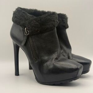 GUESS Leather Platform Ankle Boots Women's 8.5 Black Faux Fur Stiletto Y2K